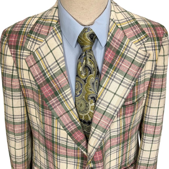 MTG Blazer Mens 44R Green Red Tartan Plaid 70s Woven Wool 2 Button Sport Jacket